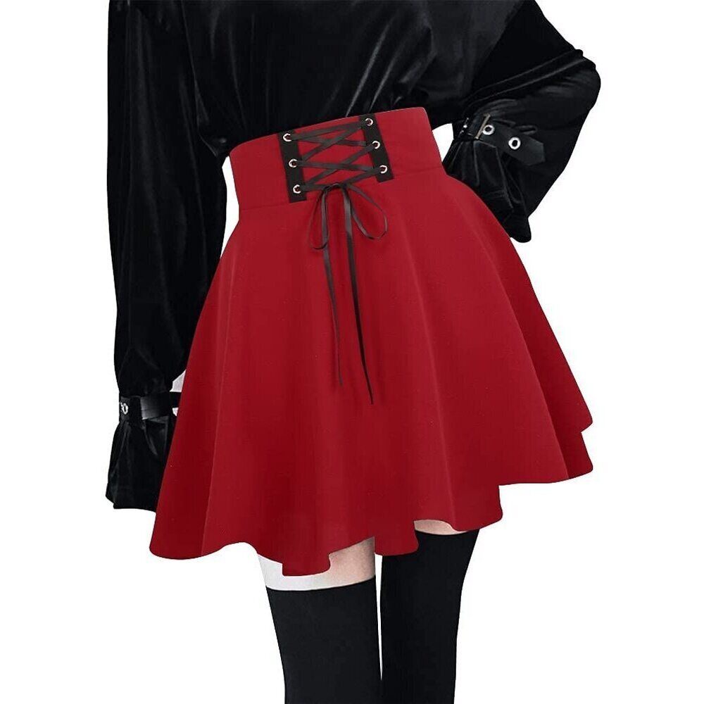 6026 High Waisted Plaid Mini Skirts A Line Pleated Lace Up Short Skirt